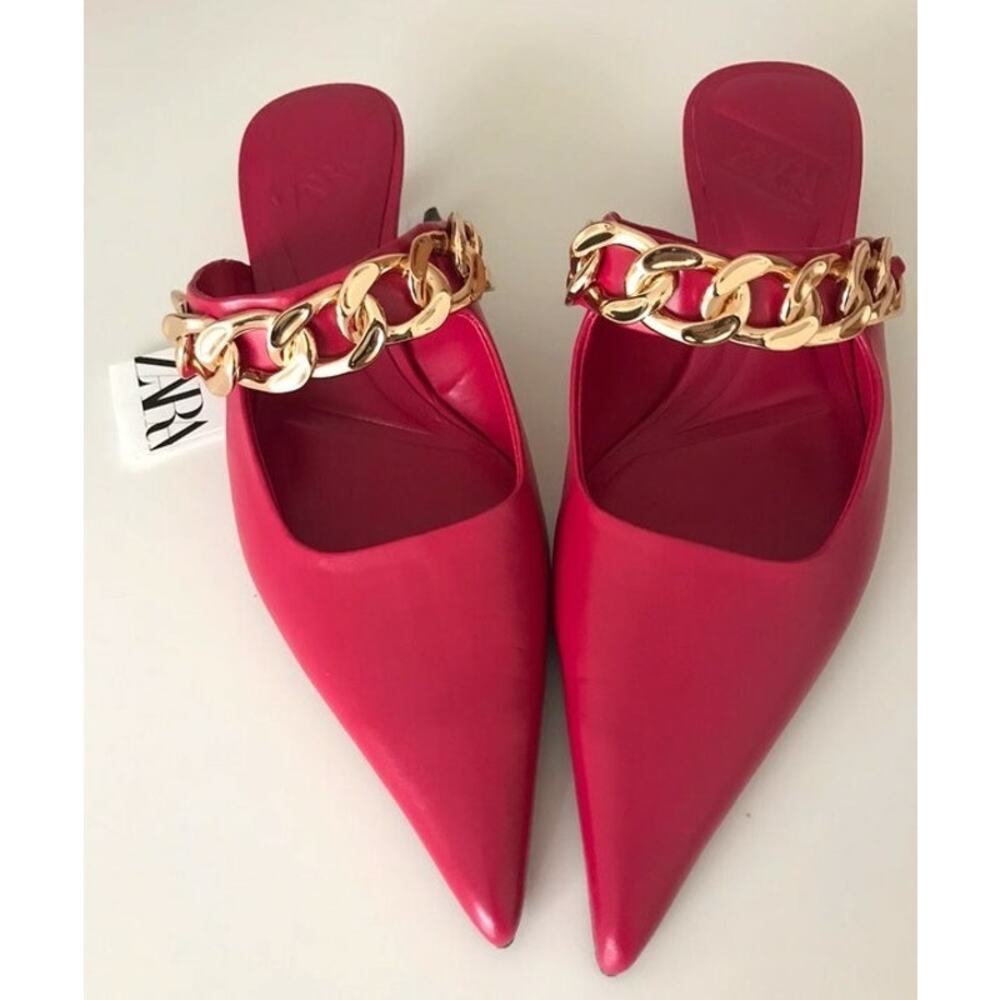 ZARA Pink Chain Strap Mule Heels NWT Pointed Toe Kitten Heel Pumps Size 8 - Picture 8 of 16